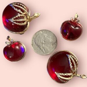 Vintage 4 PC Sarah Coventry 2 Bubble Cherry Brooches Matching Clip On Earrings
